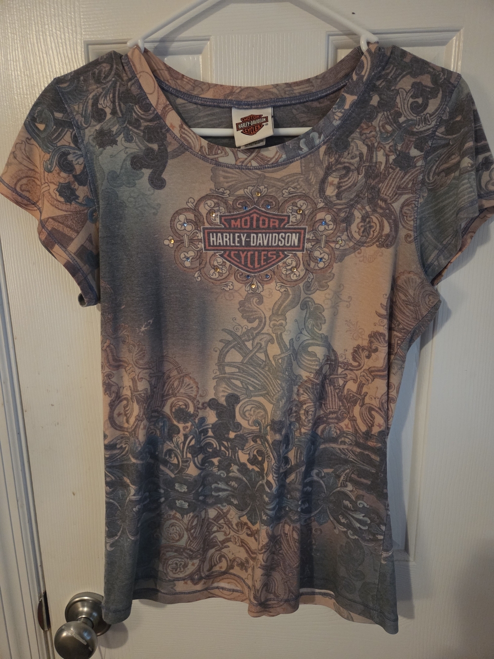 Harley-Davidson Women's Short Sleeve Graphic Tee in Blue and Tan
